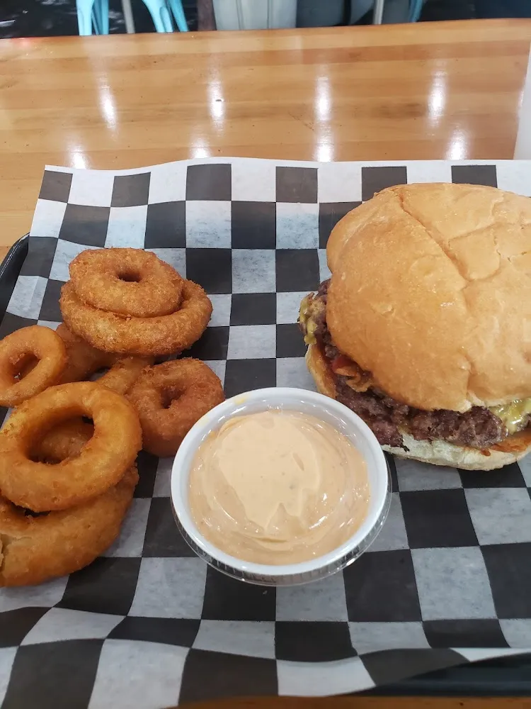 Smoke Burger and Onion Rings with Chipotle Mayo